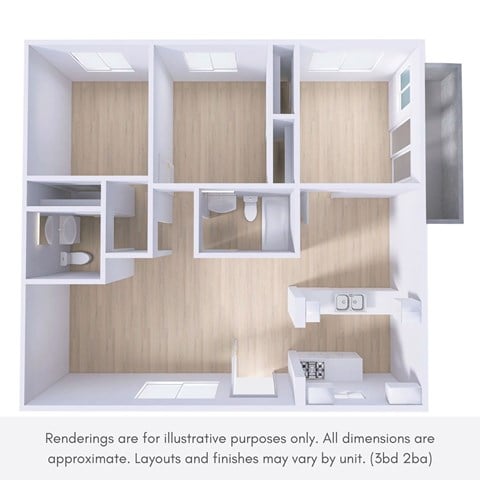 Floor plan for 3 beds, 2 baths
